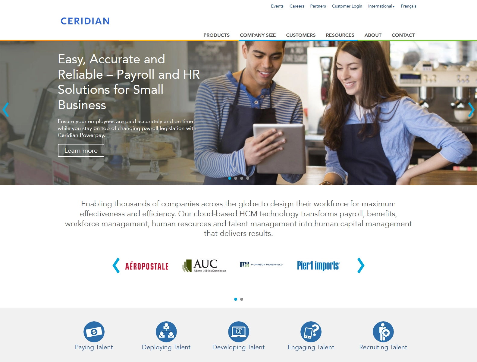 A screenshot of the homepage, containing the main and secondary menus, featured items slider, client logos, and links to the 5 pillars of services/products available.