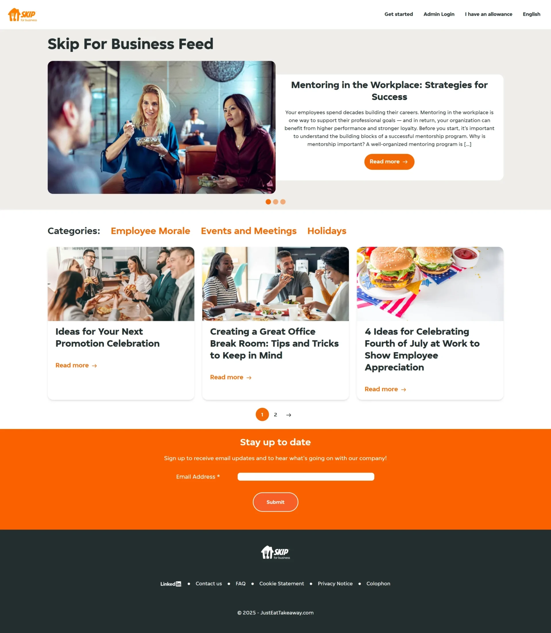 A screenshot of the homepage, containing the main menu, featured article carousel, list of article categories, latest 3 articles with pagination, newsletter sign-up, and footer.