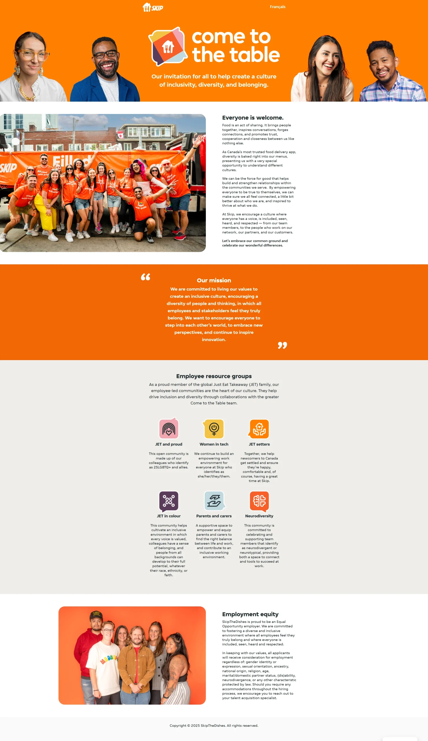 A screenshot of the homepage, featuring an introduction, the mission statement, employee resource groups, and Equal Opportunity employer statement.